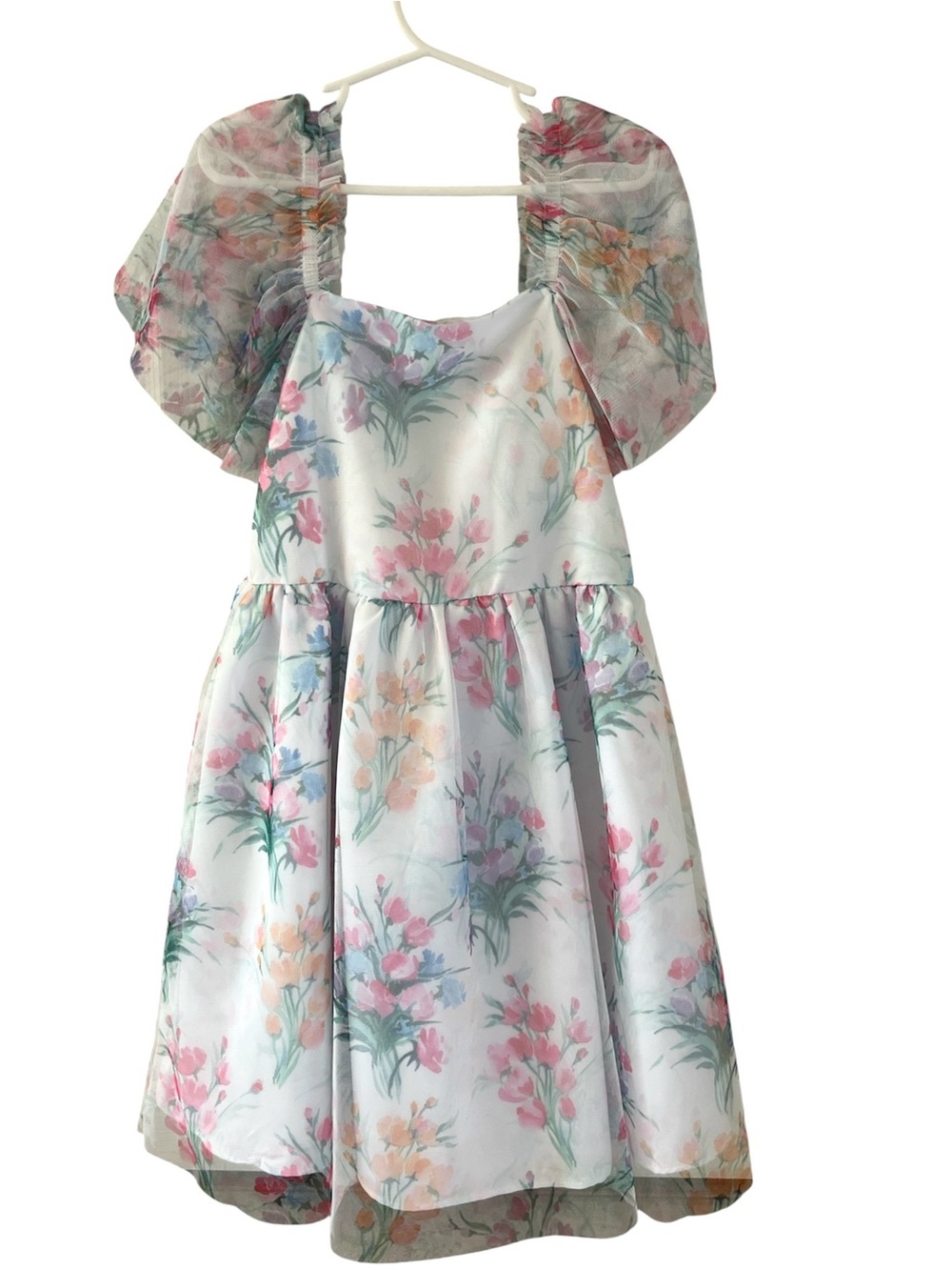 Rare Editions Floral Puff-Sleeve Party Dress in Pink, Blue & Cream From Dillards